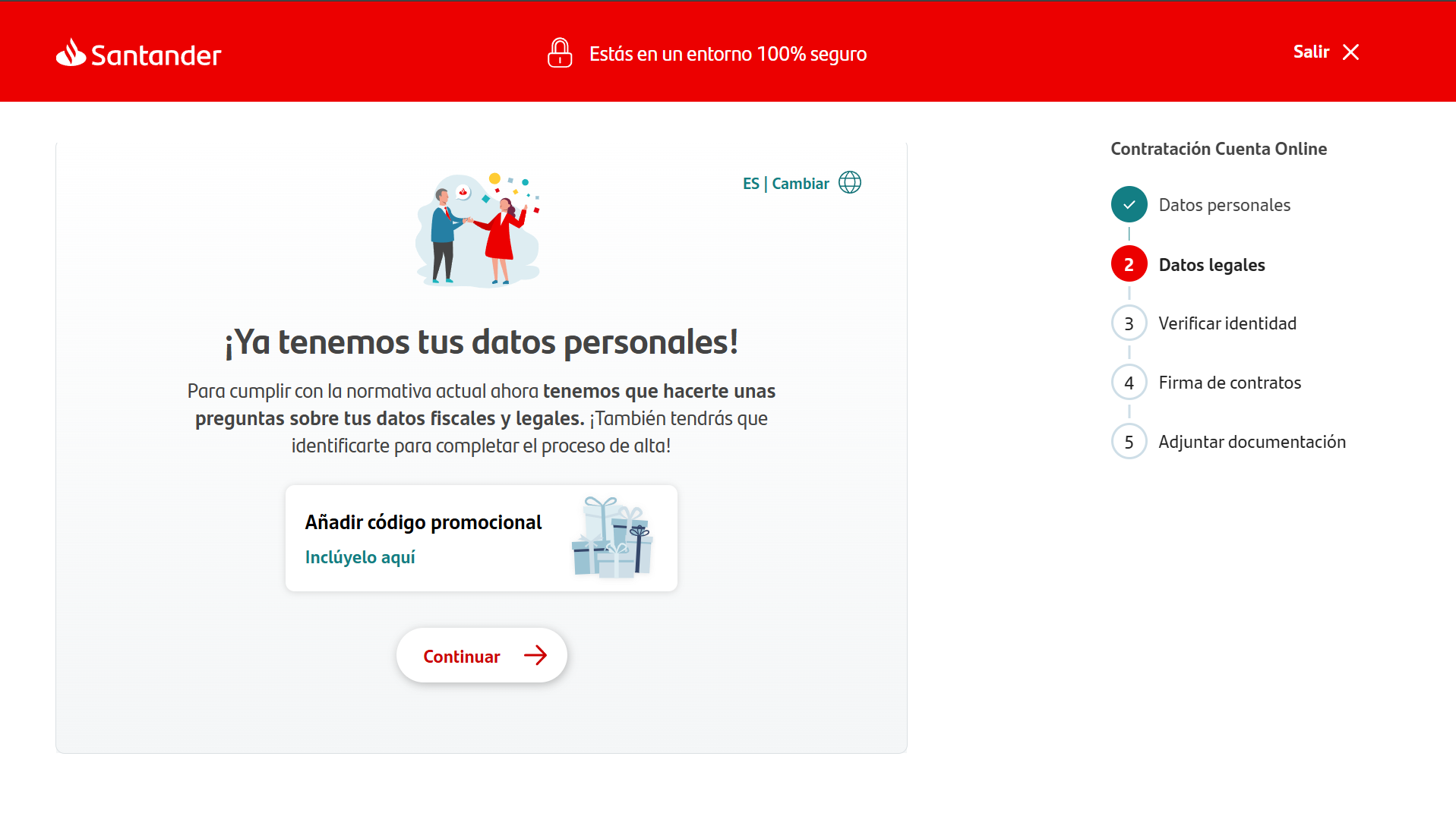 Captura de pantalla del formulario Santander mostrando el campo para introducir el código amigo en el paso 8